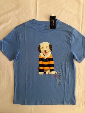 Polo by Ralph Lauren Light Blue Dog Graphic Tee with Yellow & Black Stripes